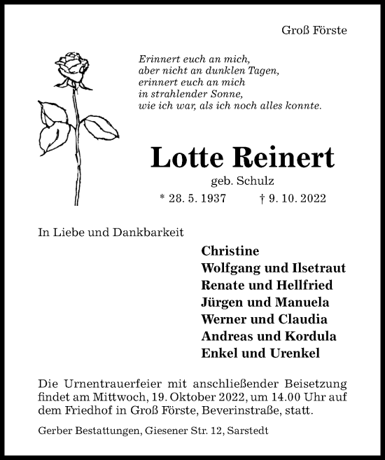 Traueranzeige von Lotte Reinert von Hildesheimer Allgemeine Zeitung