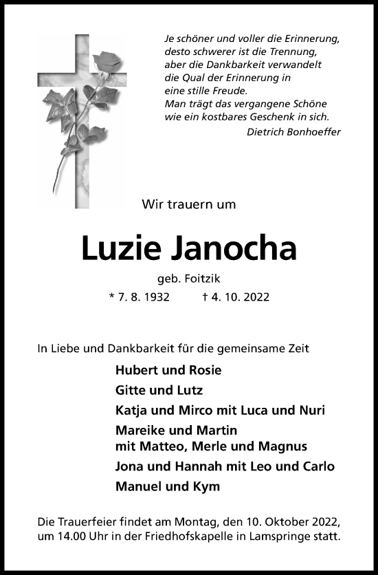 Traueranzeige von Luzie Janocha von Hildesheimer Allgemeine Zeitung