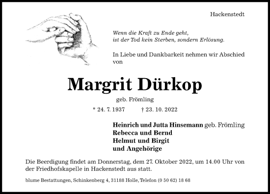 Traueranzeige von Margrit Dürkop von Hildesheimer Allgemeine Zeitung