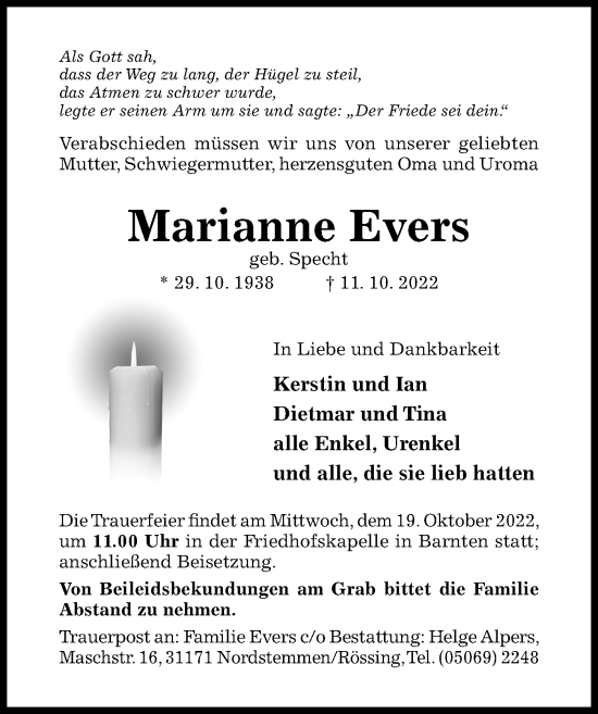 Traueranzeige von Marianne Evers von Hildesheimer Allgemeine Zeitung