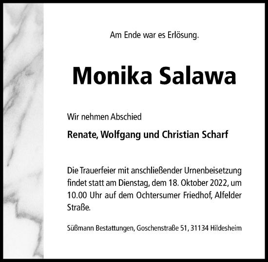 Traueranzeige von Monika Salawa von Hildesheimer Allgemeine Zeitung