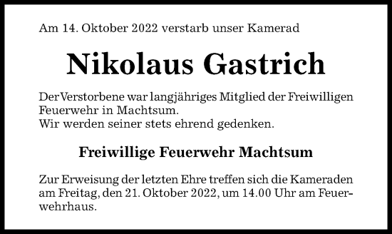 Traueranzeige von Nikolaus Gastrich von Hildesheimer Allgemeine Zeitung