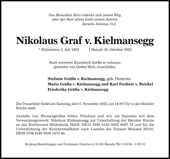 Traueranzeige von Nikolaus Graf v. Kielmansegg von Hildesheimer Allgemeine Zeitung