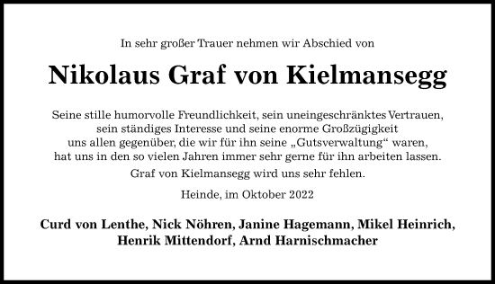Traueranzeige von Nikolaus Graf von Kielmansegg von Hildesheimer Allgemeine Zeitung