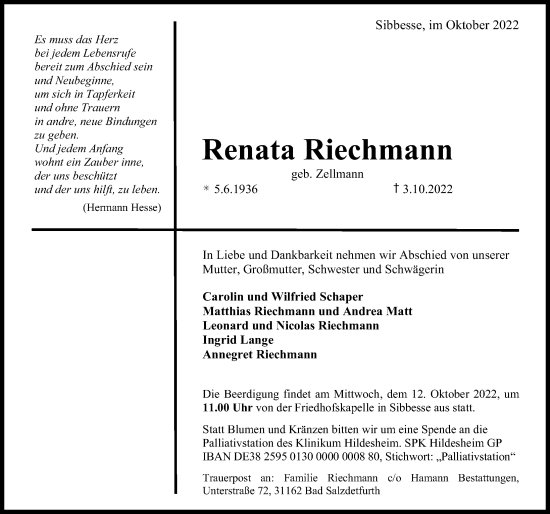 Traueranzeige von Renata Riechmann von Hildesheimer Allgemeine Zeitung