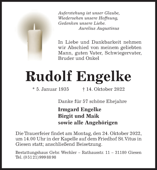 Traueranzeige von Rudolf Engelke von Hildesheimer Allgemeine Zeitung