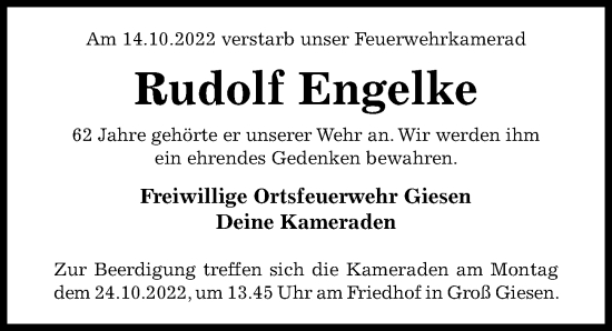 Traueranzeige von Rudolf Engelke von Hildesheimer Allgemeine Zeitung