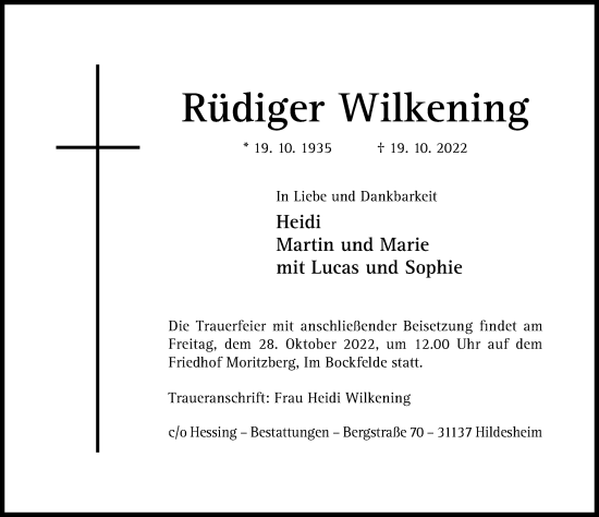 Traueranzeige von Rüdiger Wilkening von Hildesheimer Allgemeine Zeitung