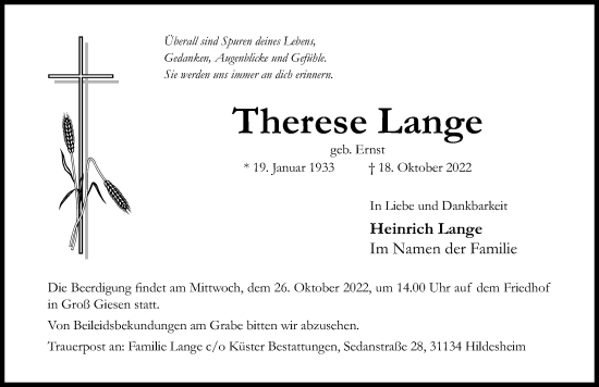 Traueranzeige von Therese Lange von Hildesheimer Allgemeine Zeitung