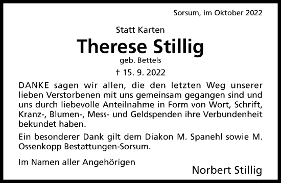 Traueranzeige von Therese Stillig von Hildesheimer Allgemeine Zeitung