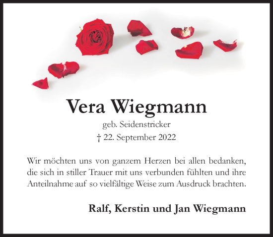 Traueranzeige von Vera Wiegmann von Hildesheimer Allgemeine Zeitung