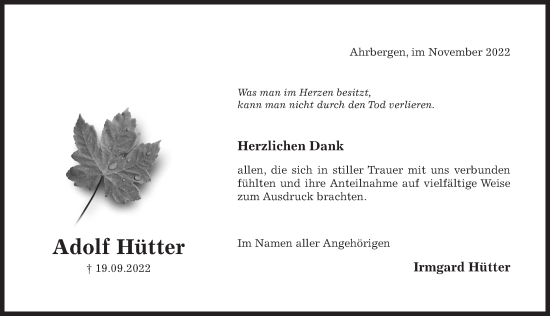 Traueranzeige von Adolf Hütter von Hildesheimer Allgemeine Zeitung