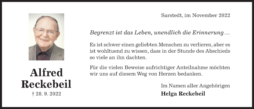  Traueranzeige für Alfred Reckebeil vom 05.11.2022 aus Hildesheimer Allgemeine Zeitung