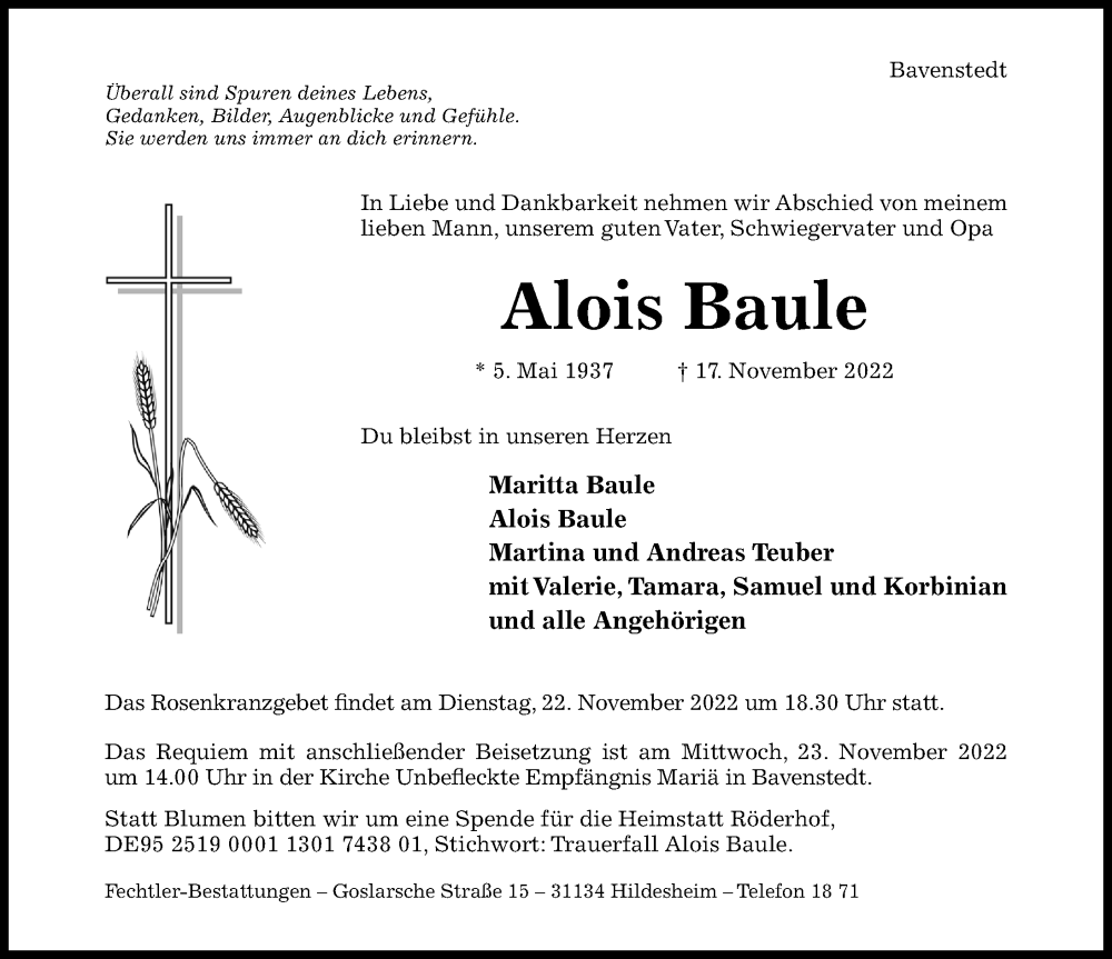  Traueranzeige für Alois Baule vom 19.11.2022 aus Hildesheimer Allgemeine Zeitung
