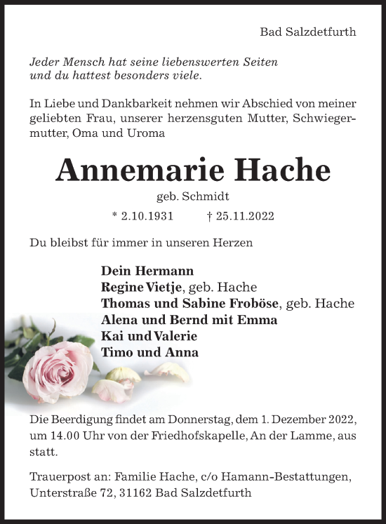 Traueranzeige von Annemarie Hache von Hildesheimer Allgemeine Zeitung