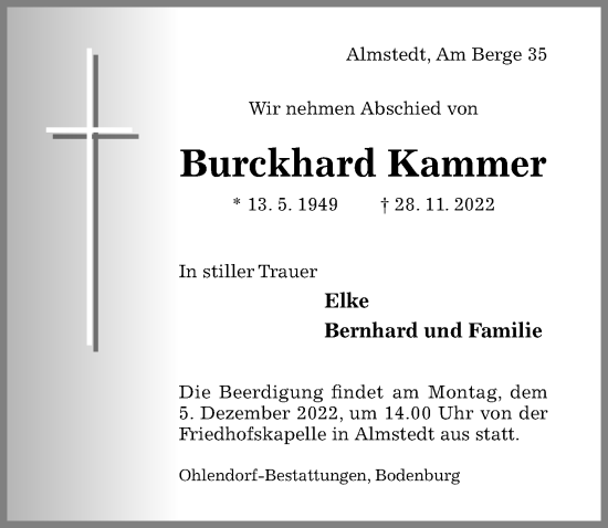 Traueranzeige von Burckhard Kammer von Hildesheimer Allgemeine Zeitung