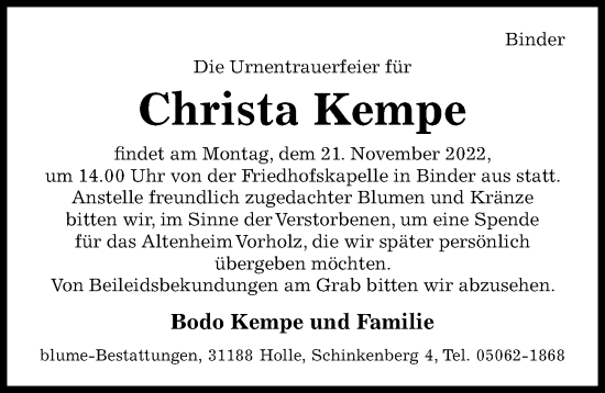 Traueranzeige von Christa Kempe von Hildesheimer Allgemeine Zeitung