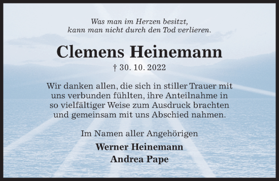 Traueranzeige von Clemens Heinemann von Hildesheimer Allgemeine Zeitung