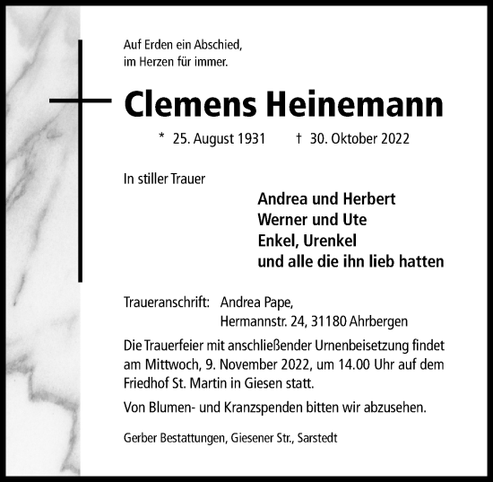 Traueranzeige von Clemens Heinemann von Hildesheimer Allgemeine Zeitung