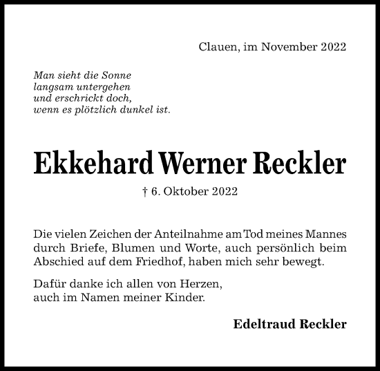 Traueranzeige von Ekkehard Werner Reckler von Hildesheimer Allgemeine Zeitung