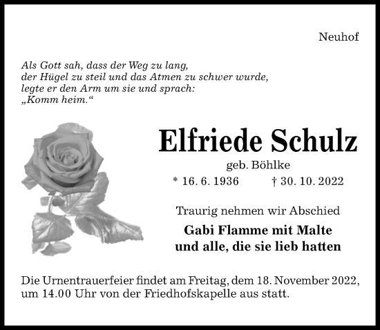 Traueranzeige von Elfriede Schulz von Hildesheimer Allgemeine Zeitung