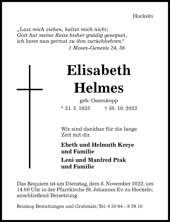 Traueranzeige von Elisabeth Helmes von Hildesheimer Allgemeine Zeitung