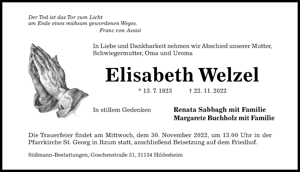  Traueranzeige für Elisabeth Welzel vom 24.11.2022 aus Hildesheimer Allgemeine Zeitung