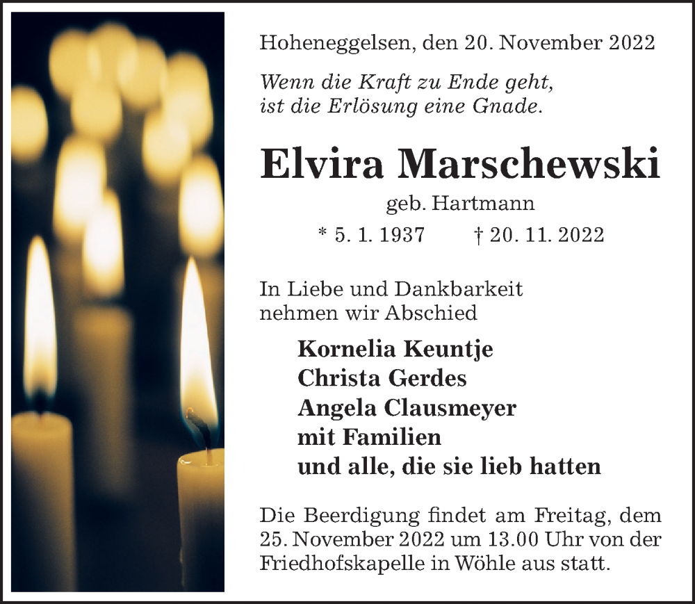  Traueranzeige für Elvira Marschewski vom 23.11.2022 aus Hildesheimer Allgemeine Zeitung