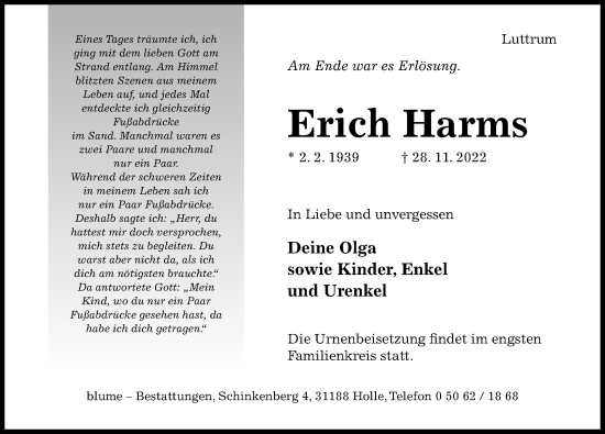 Traueranzeige von Erich Harms von Hildesheimer Allgemeine Zeitung