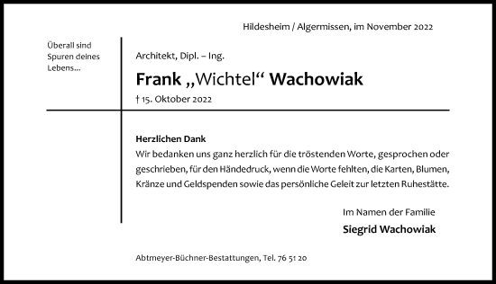 Traueranzeige von Frank Wachowiak von Hildesheimer Allgemeine Zeitung