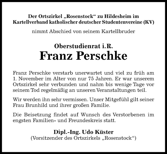 Traueranzeige von Franz Perschke von Hildesheimer Allgemeine Zeitung