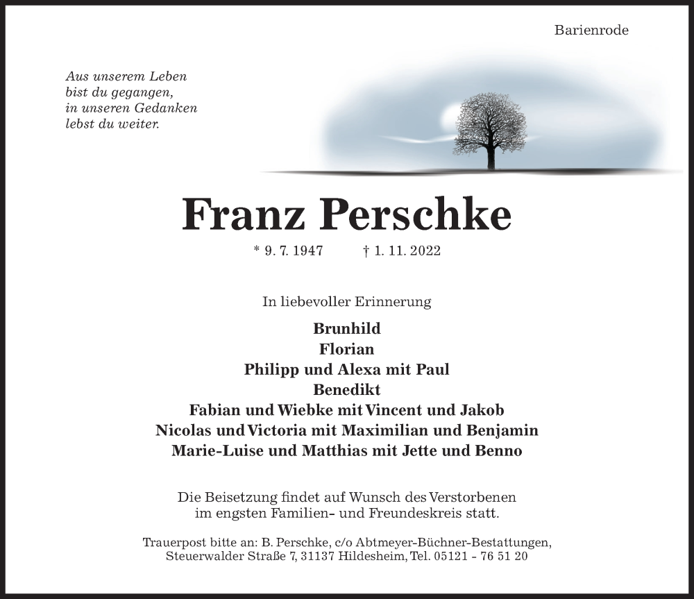  Traueranzeige für Franz Perschke vom 05.11.2022 aus Hildesheimer Allgemeine Zeitung