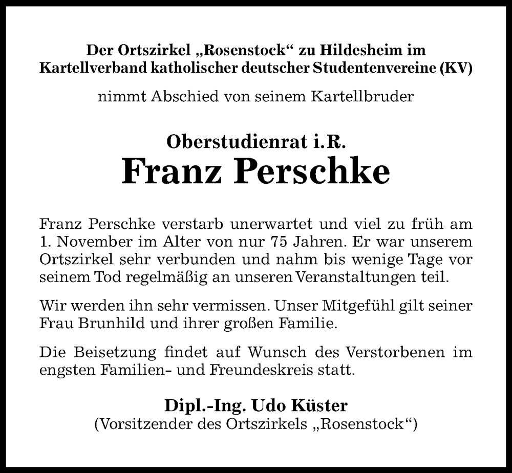  Traueranzeige für Franz Perschke vom 09.11.2022 aus Hildesheimer Allgemeine Zeitung