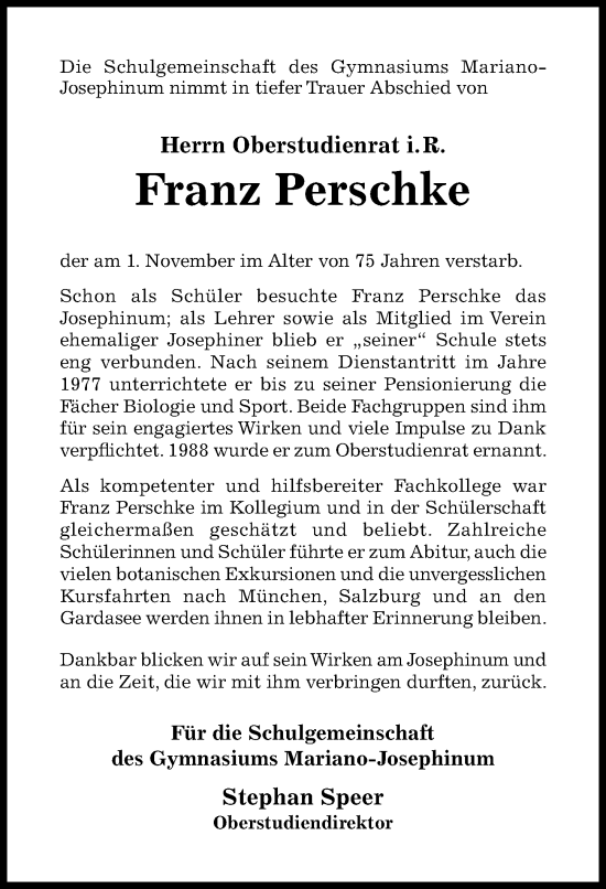 Traueranzeige von Franz Perschke von Hildesheimer Allgemeine Zeitung