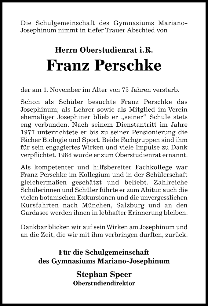  Traueranzeige für Franz Perschke vom 09.11.2022 aus Hildesheimer Allgemeine Zeitung