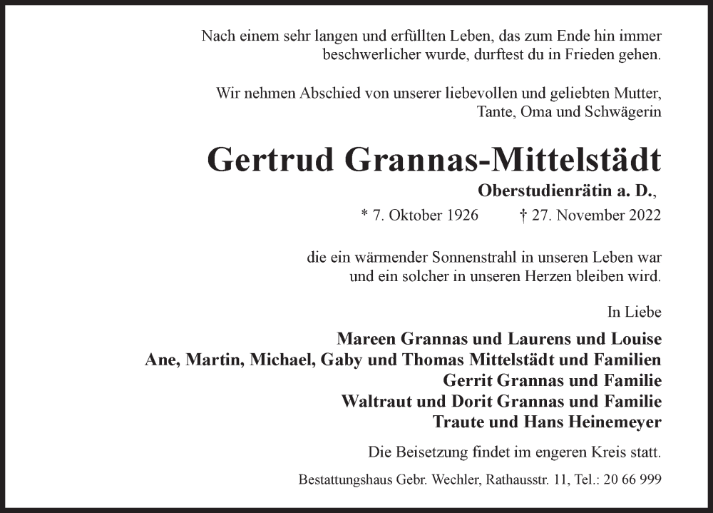  Traueranzeige für Gertrud Grannas-Mittelstädt vom 30.11.2022 aus Hildesheimer Allgemeine Zeitung