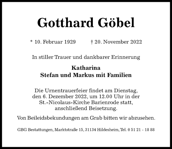 Traueranzeige von Gotthard Göbel von Hildesheimer Allgemeine Zeitung