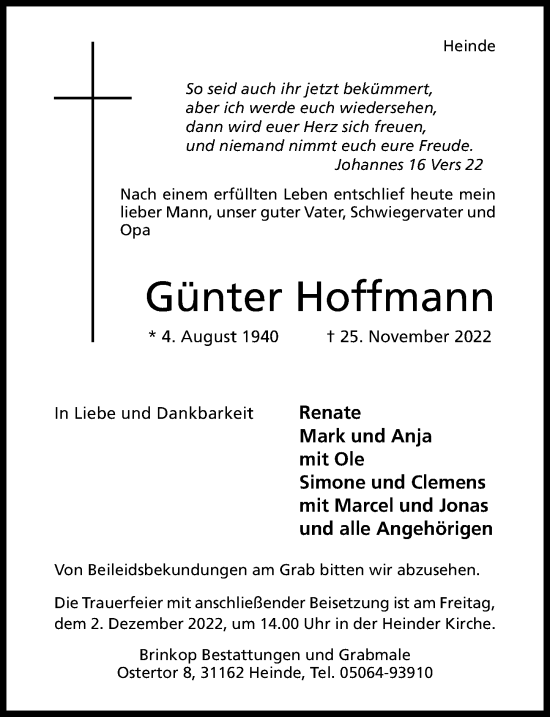 Traueranzeige von Günter Hoffmann von Hildesheimer Allgemeine Zeitung