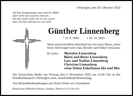 Traueranzeige von Günther Linnenberg von Hildesheimer Allgemeine Zeitung