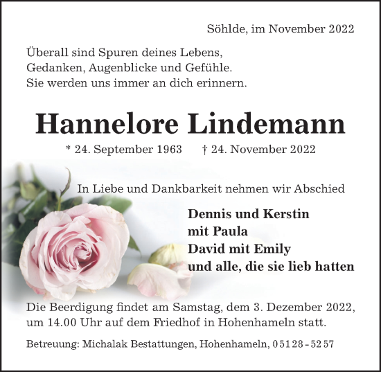 Traueranzeige von Hannelore Lindemann von Hildesheimer Allgemeine Zeitung