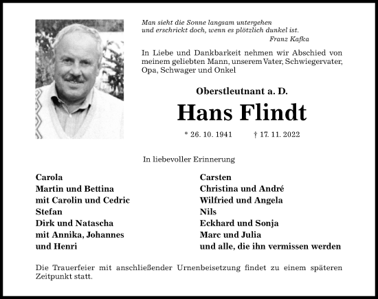 Traueranzeige von Hans Flindt von Hildesheimer Allgemeine Zeitung