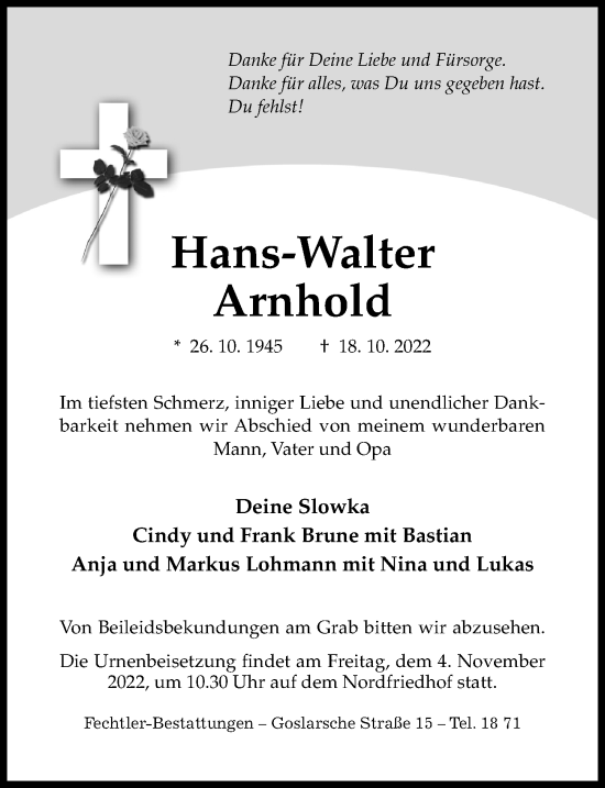 Traueranzeige von Hans-Walter Arnhold von Hildesheimer Allgemeine Zeitung