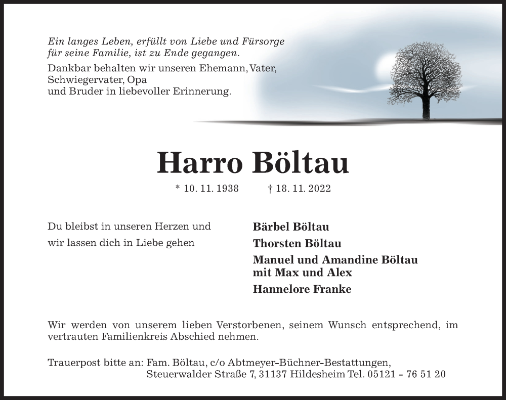  Traueranzeige für Harro Böltau vom 23.11.2022 aus Hildesheimer Allgemeine Zeitung