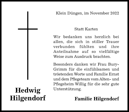 Traueranzeige von Hedwig Hilgendorf von Hildesheimer Allgemeine Zeitung