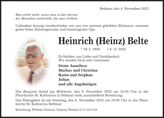 Traueranzeige von Heinrich Belte von Hildesheimer Allgemeine Zeitung