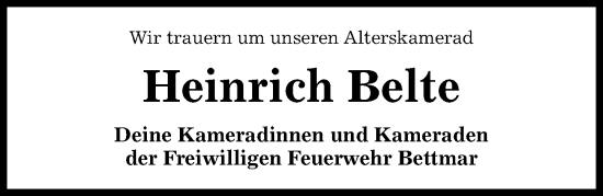 Traueranzeige von Heinrich Belte von Hildesheimer Allgemeine Zeitung