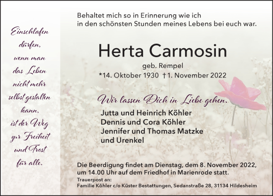 Traueranzeige von Herta Carmosin von Hildesheimer Allgemeine Zeitung