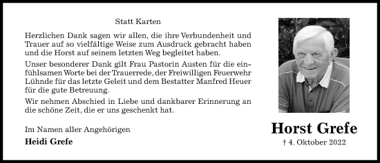 Traueranzeige von Horst Grefe von Hildesheimer Allgemeine Zeitung