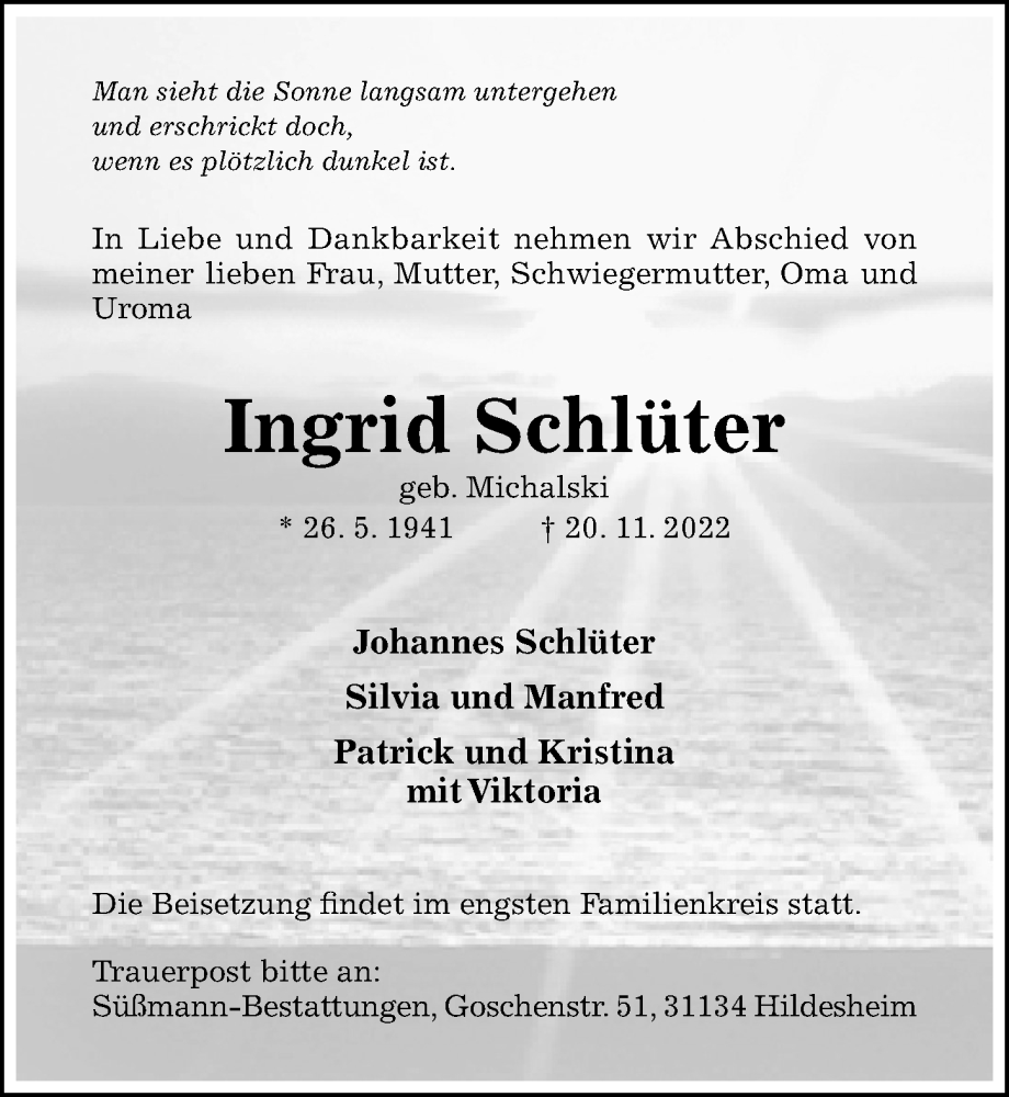  Traueranzeige für Ingrid Schlüter vom 23.11.2022 aus Hildesheimer Allgemeine Zeitung