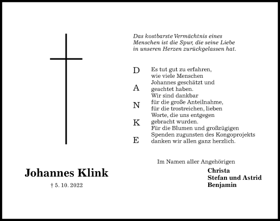 Traueranzeige von Johannes Klink von Hildesheimer Allgemeine Zeitung